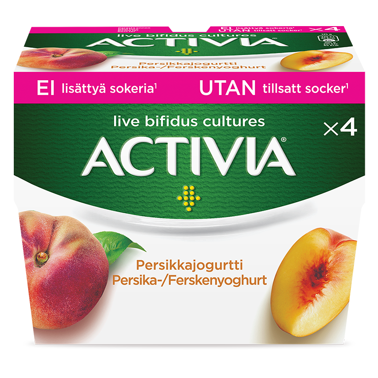 Activia persikayoghurt - utan tillsatt socker. God smak och krämig konsistens. Miljarder av levande bifidobakterier. En kombination av 5 olika bakterier.