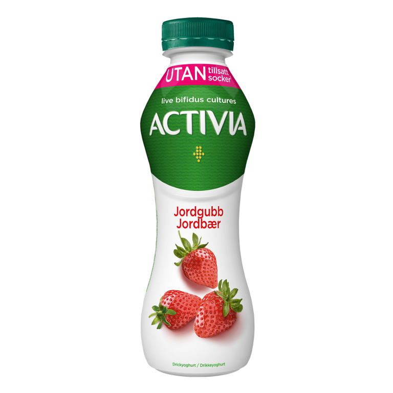 Activia drickyoghurt jordgubb - utan tillsatt socker. Miljarder  levande bifidokulturer och god smak.