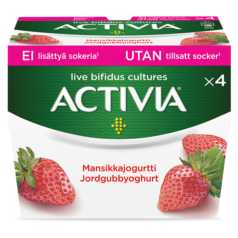 Activia jordgubbsyoghurt - utan tillsatt socker. God smak och krämig konsistens. Miljarder av levande bifidobakterier. En kombination av 5 olika bakterier.