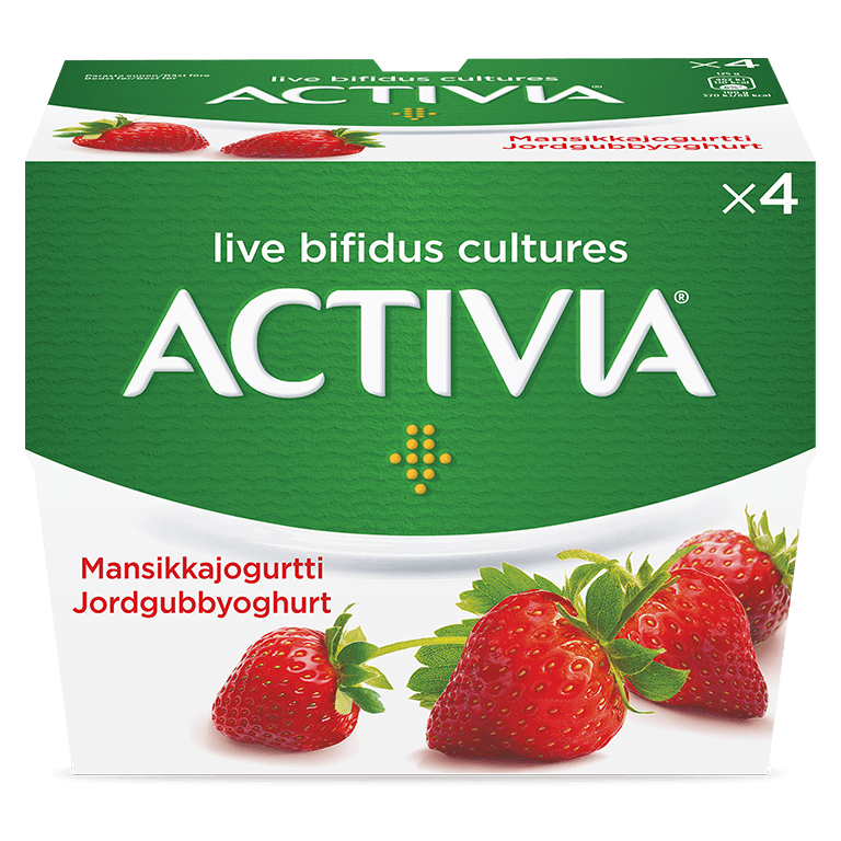 Activia jordgubbsyoghurt - god smak och krämig konsistens. Miljarder av levande bifidobakterier. En kombination av 5 olika bakterier.