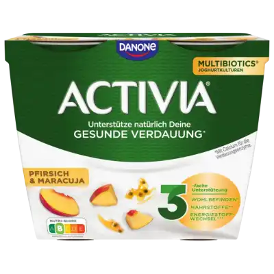 Packung Activia Pfirsich- und Passionsfruchtjoghurts