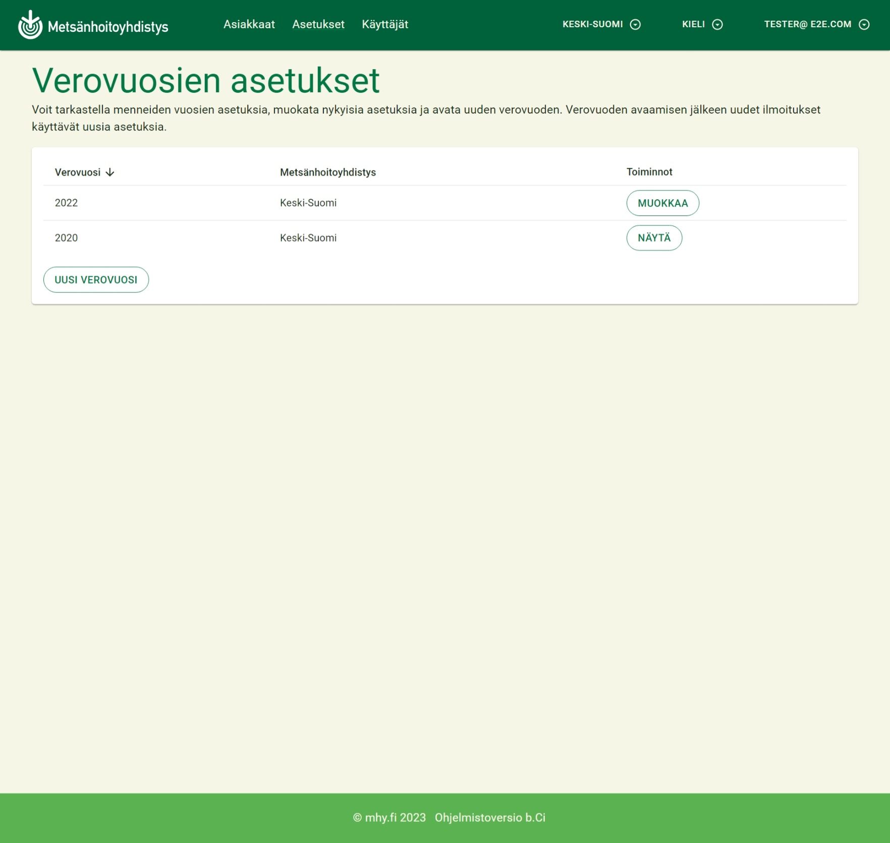 Metsävero-ohjelman verovuoden asetukset näkymä
