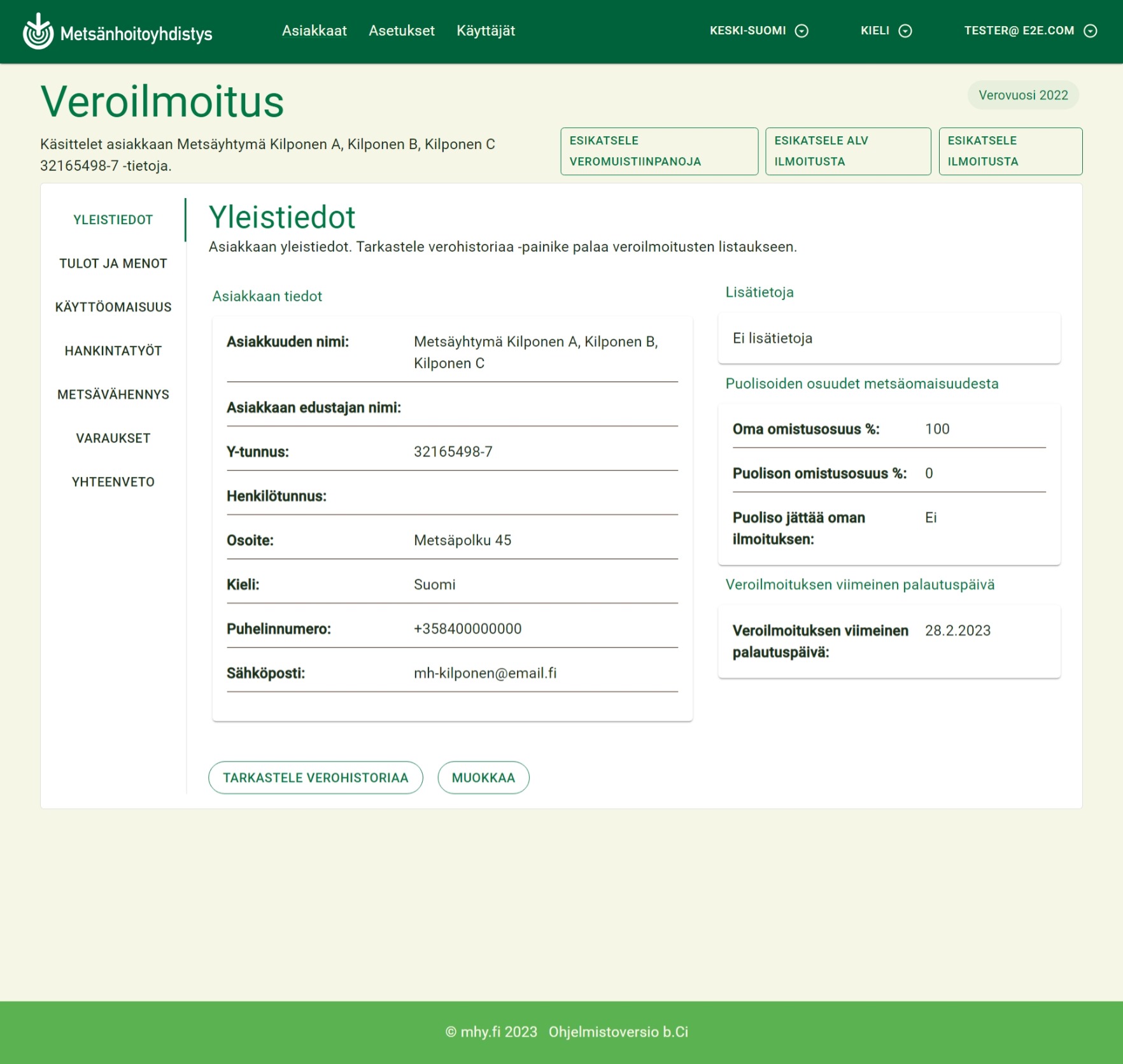 Asiakasnäkymä metsävero-ohjelmassa