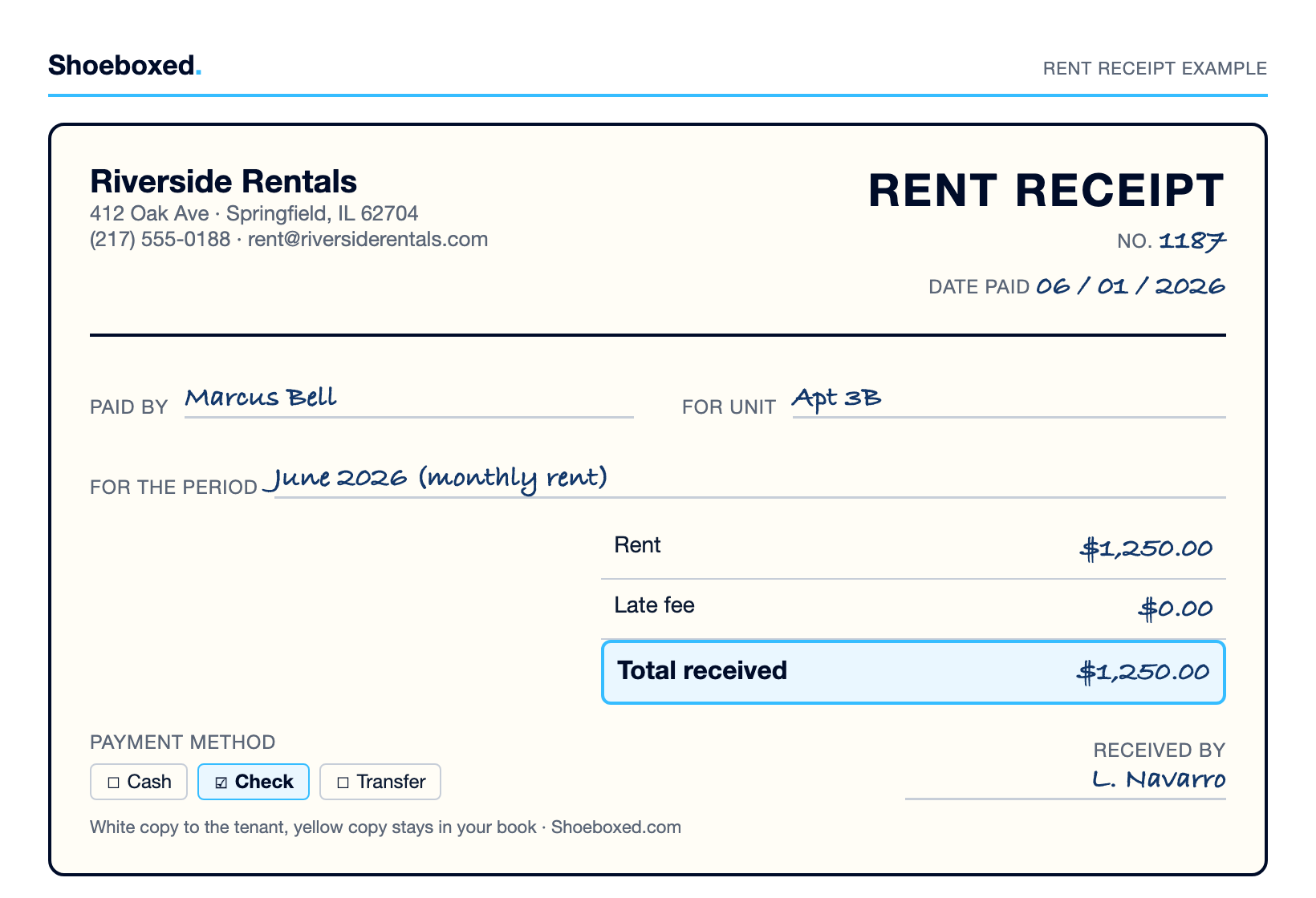 A rent receipt filled out showing payment date, tenant, unit, period, rent amount, payment method, and signature