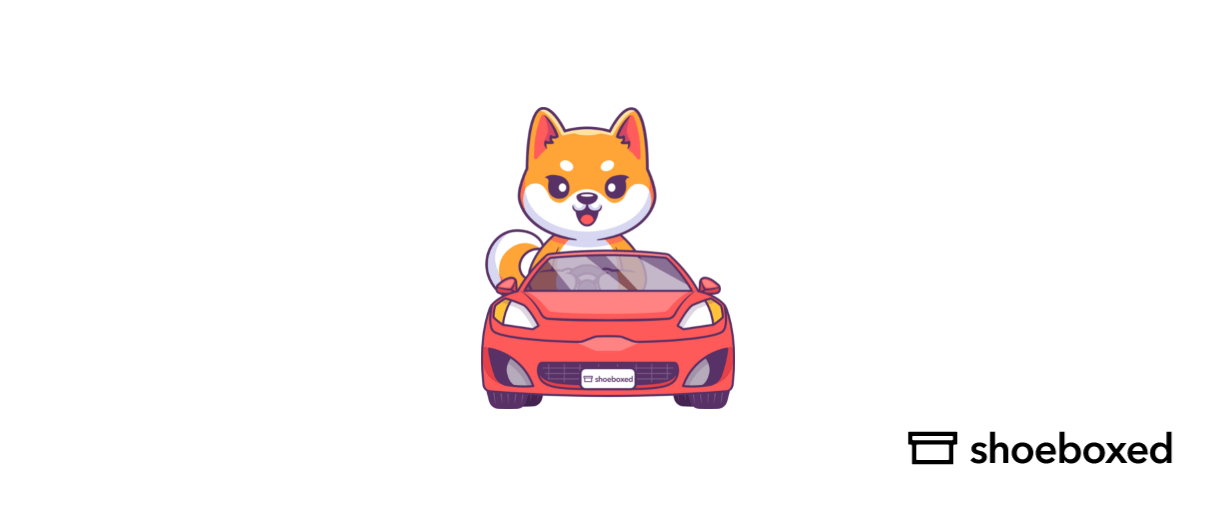 Shoeboxed mascot, driving a car