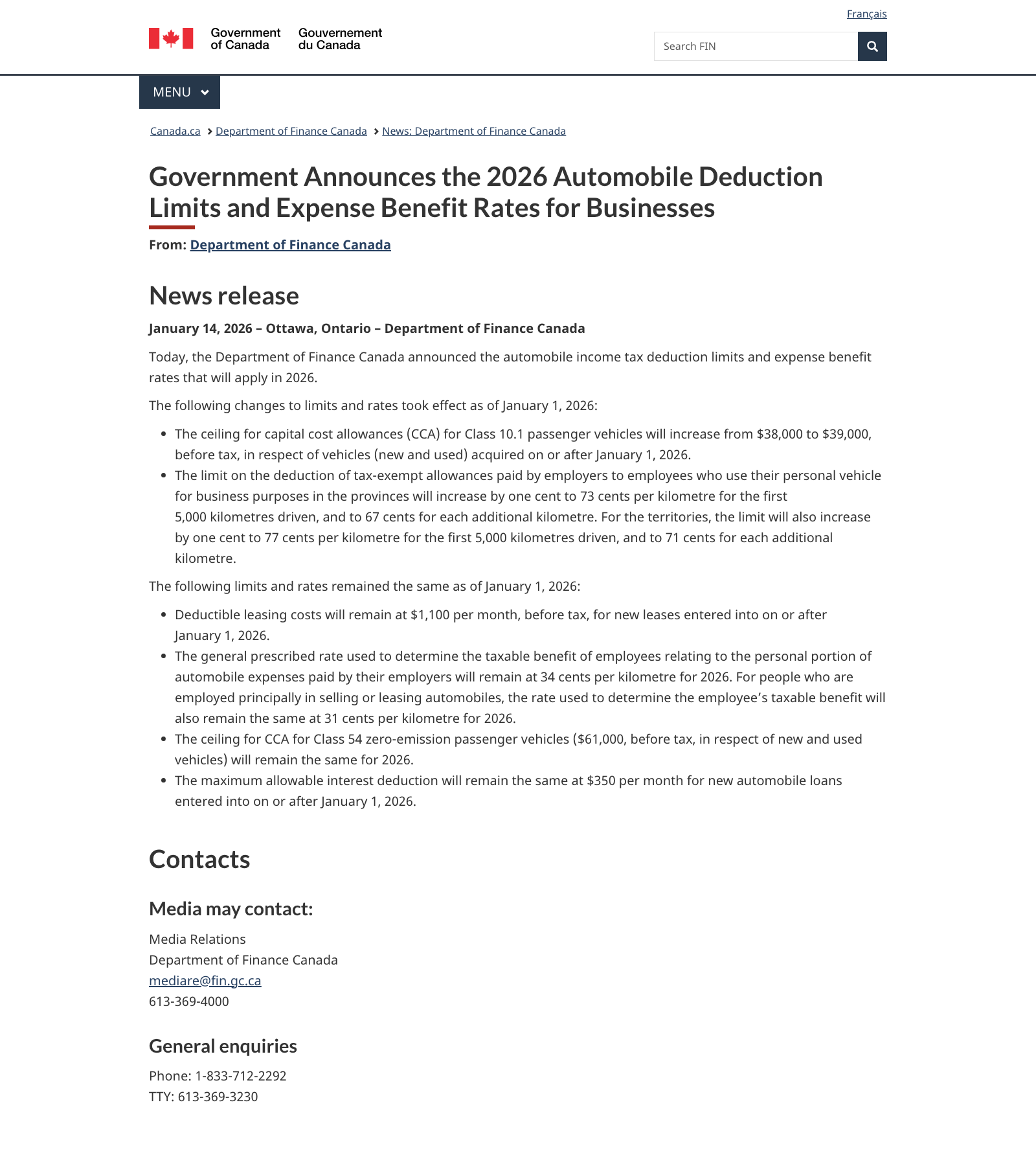 The Department of Finance Canada news release announcing the 2026 automobile deduction limits, dated January 14, 2026.