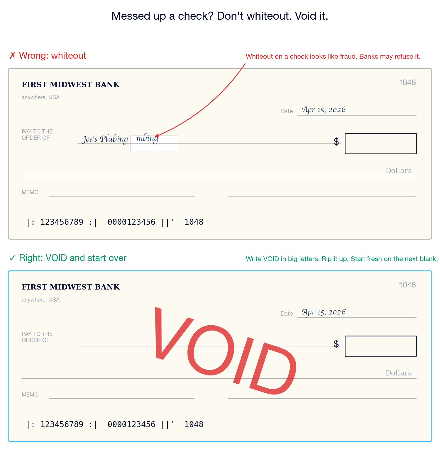 Two checks stacked vertically comparing the wrong and right way to fix a mistake. Top check shows the wrong way: 'Joe's Plumbing' written with a typo and a whiteout patch over the error, with a note that whiteout on a check looks like fraud and banks may refuse it. Bottom check shows the right way: 'VOID' written in big red letters diagonally across the face of the check, with a note to write VOID in big letters, rip it up, and start fresh on the next blank.