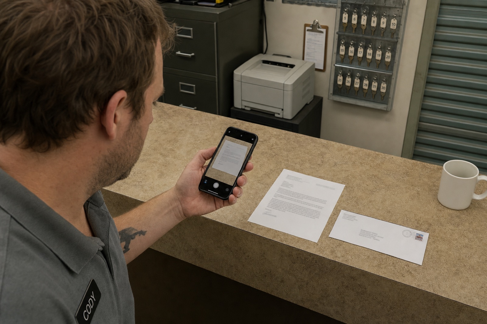 A mail-store employee photographs the opened contents of a customer's business mail on a counter