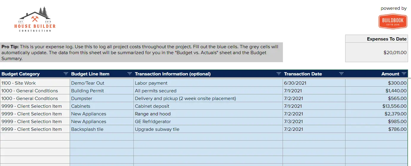 BuildBook Construction Budget Template