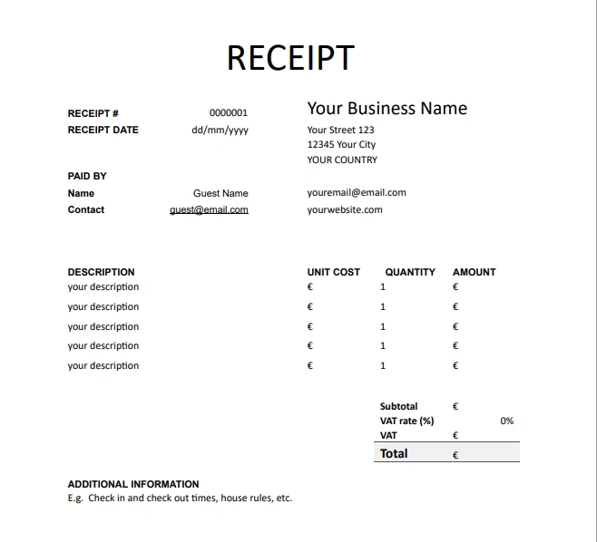 Hotel receipt template by BnBholiday