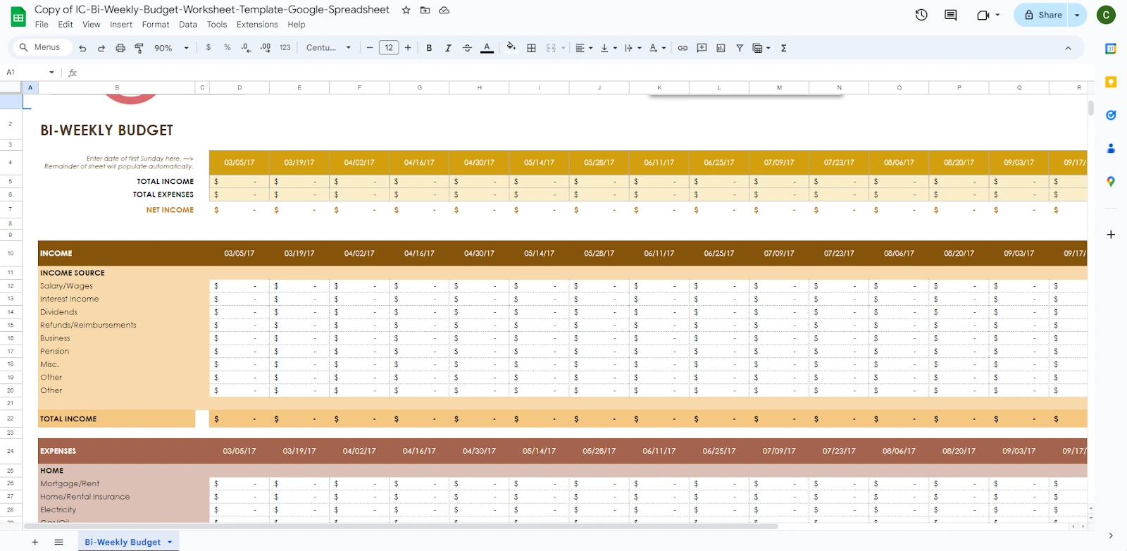 Bi-Weekly Budget Worksheet Template Google Spreadsheet by Smartsheet