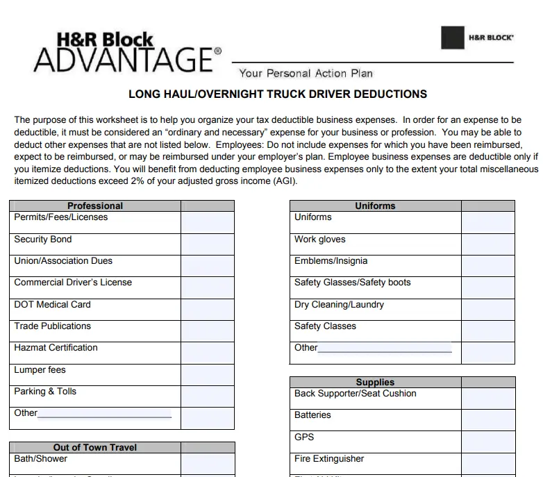 Simple truck driver expenses worksheet