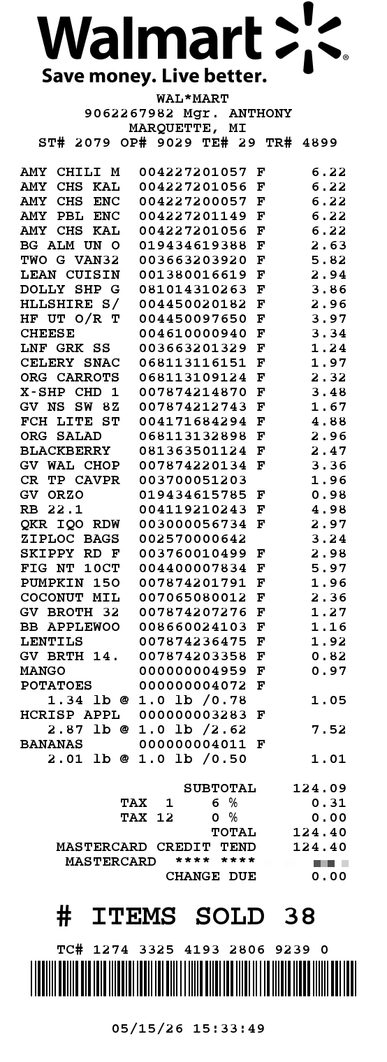Real Walmart paper receipt with 38 grocery line items and a $124.40 total, scanned and anonymized for this article