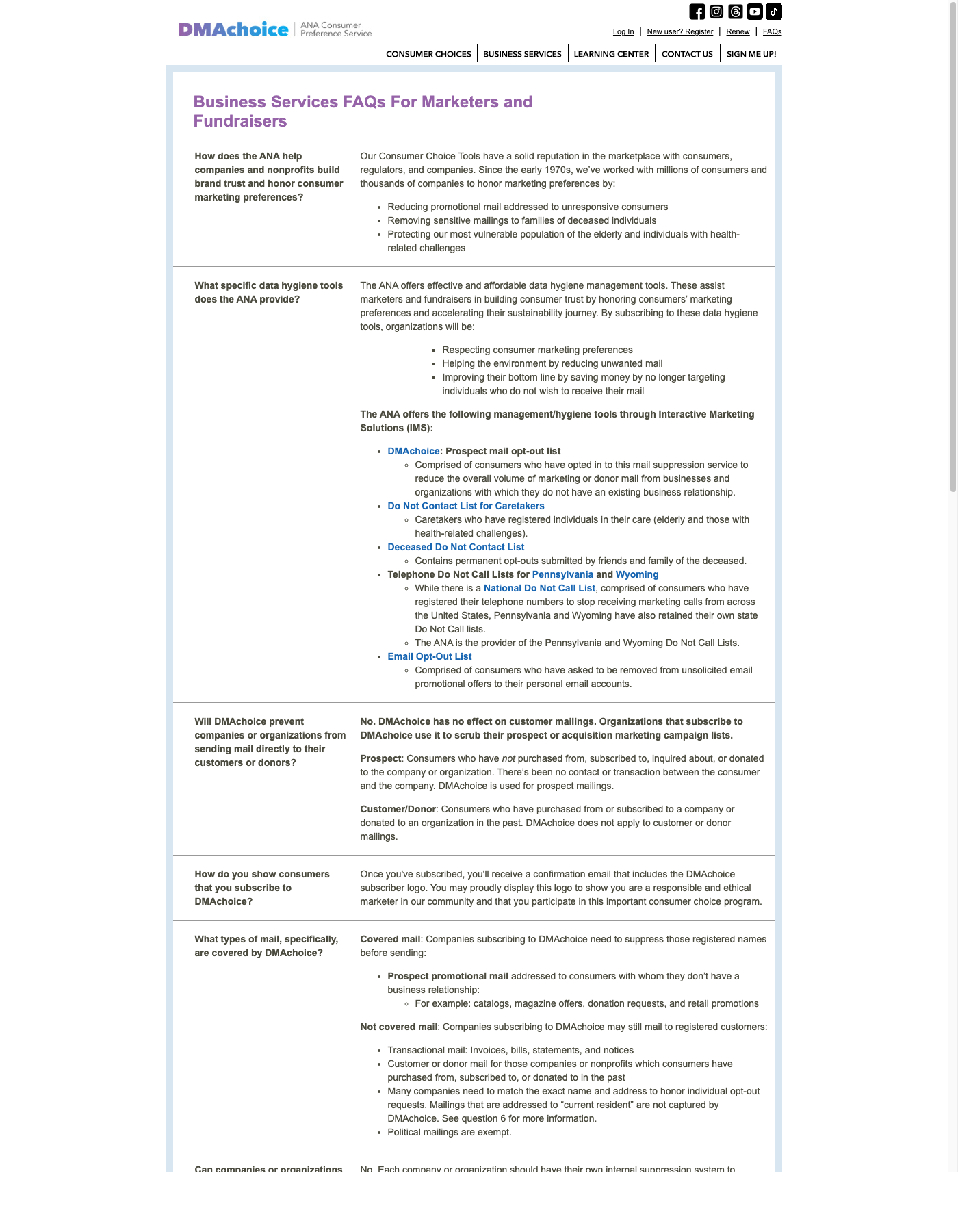 The DMAchoice Business Services FAQ page, framed entirely around consumers with no mention of business addresses.