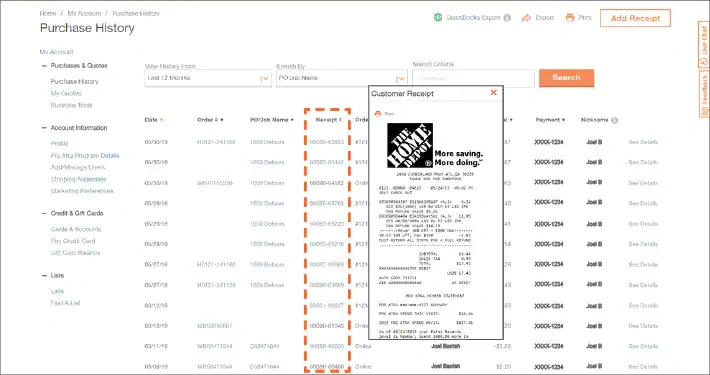  'My Account' purchase history