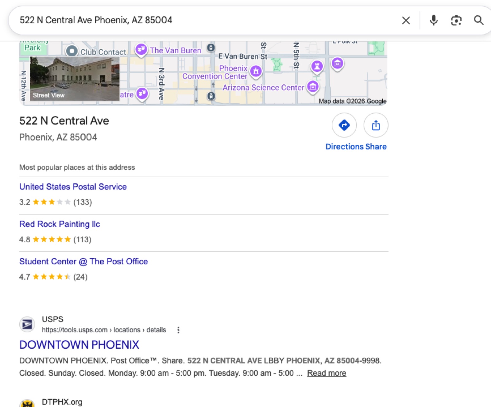Google Maps confirming 522 N Central Ave Phoenix is the United States Postal Service Downtown Phoenix post office