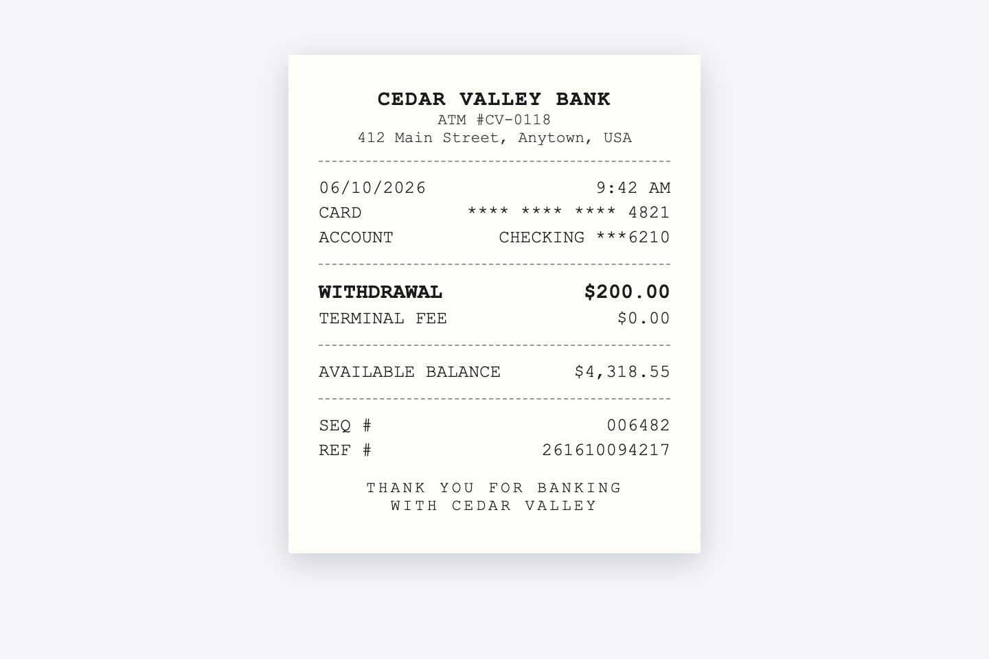 An example bank transaction receipt from an ATM withdrawal showing the bank name, date, truncated card and account numbers, amount, balance, and reference number