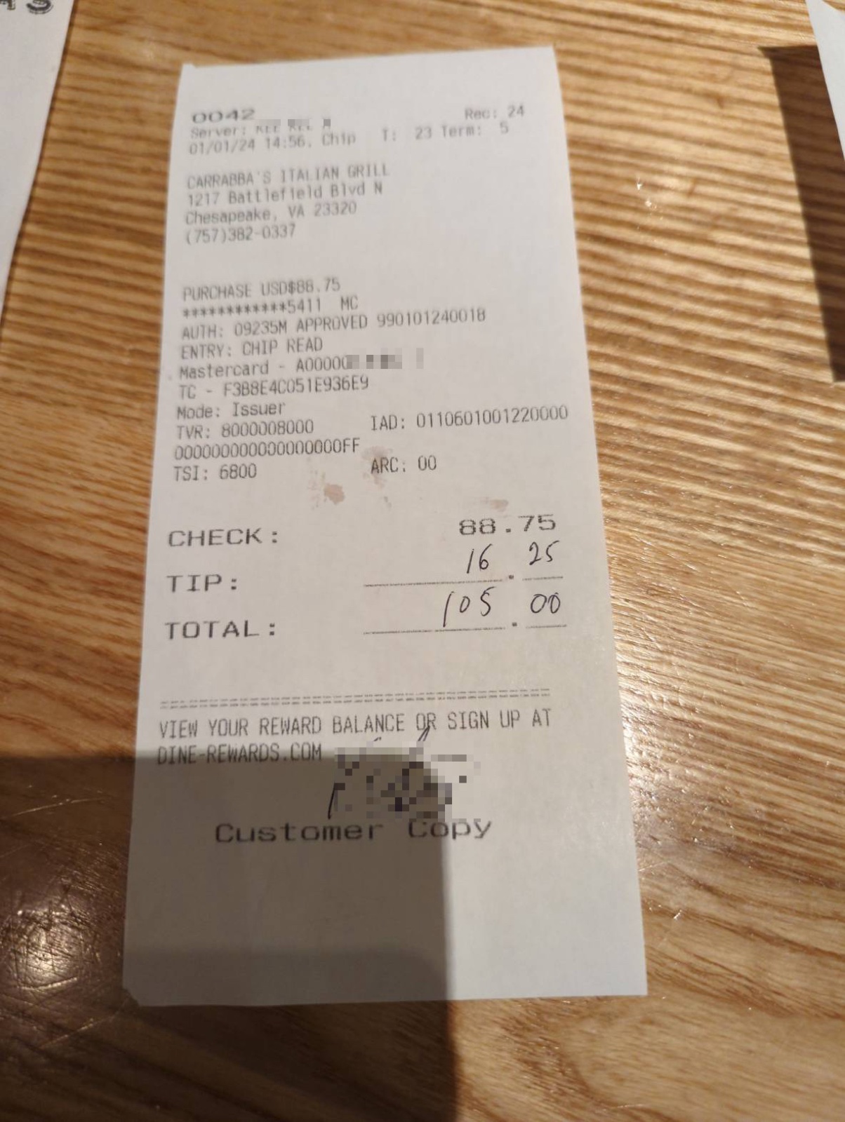 Real anonymized Italian restaurant receipt for $105.00, over the $75 IRS threshold where documentary evidence is required alongside the meal log