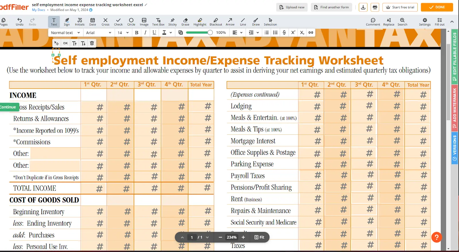 Self-employment income/expense tracking worksheet