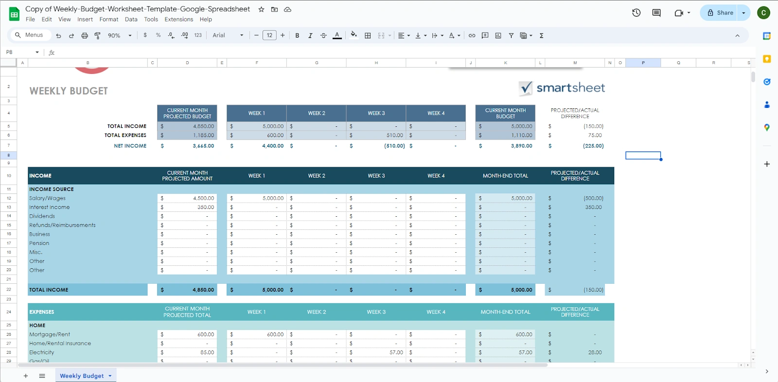 Weekly Budget Worksheet Template Google Spreadsheet by Smartsheet