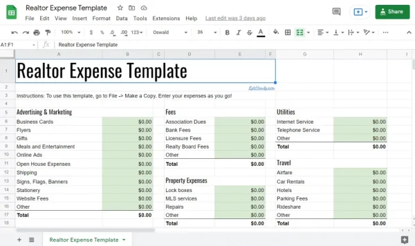 Kyle Handy’s real estate expenses spreadsheet