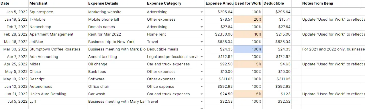 Benji's free business expense tracking spreadsheet