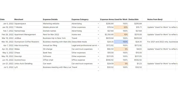 Benji's free business expense tracking spreadsheet