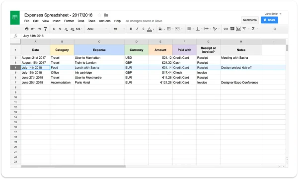 Example spreadsheet from HelloBonsai