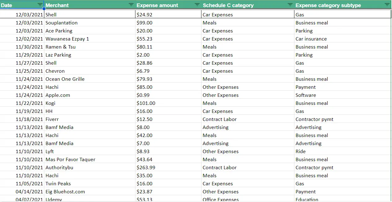 Bonsai's 1099 expenses spreadsheet for self-employed individuals