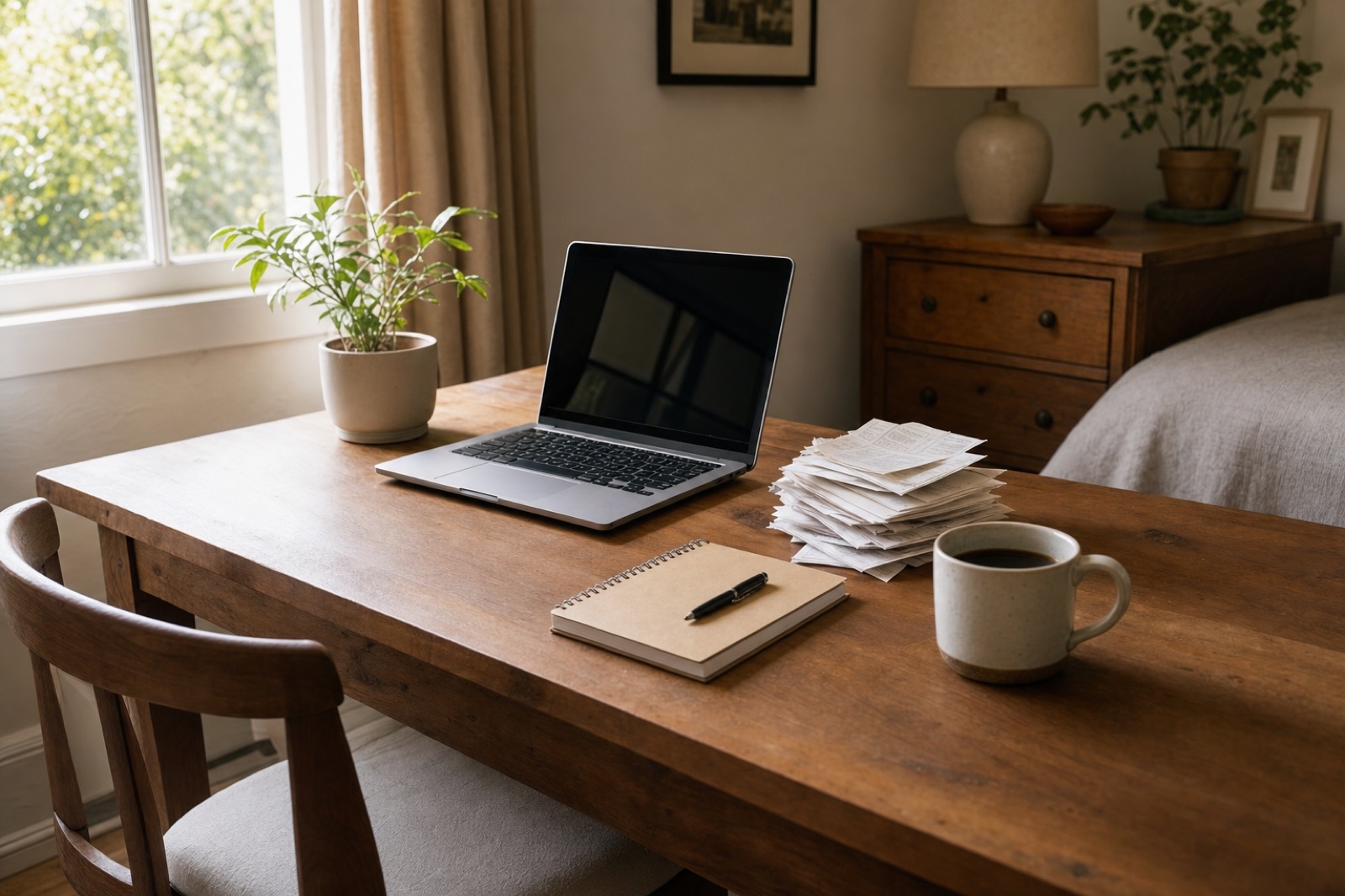 A spare-bedroom desk with a laptop, a stack of paper receipts, a notebook, and a coffee mug in morning light