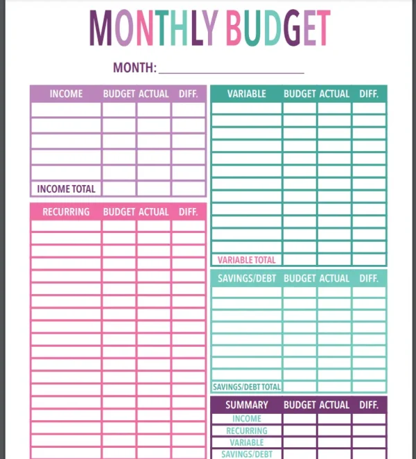 Monthly Budget page from Free Organizing Printables