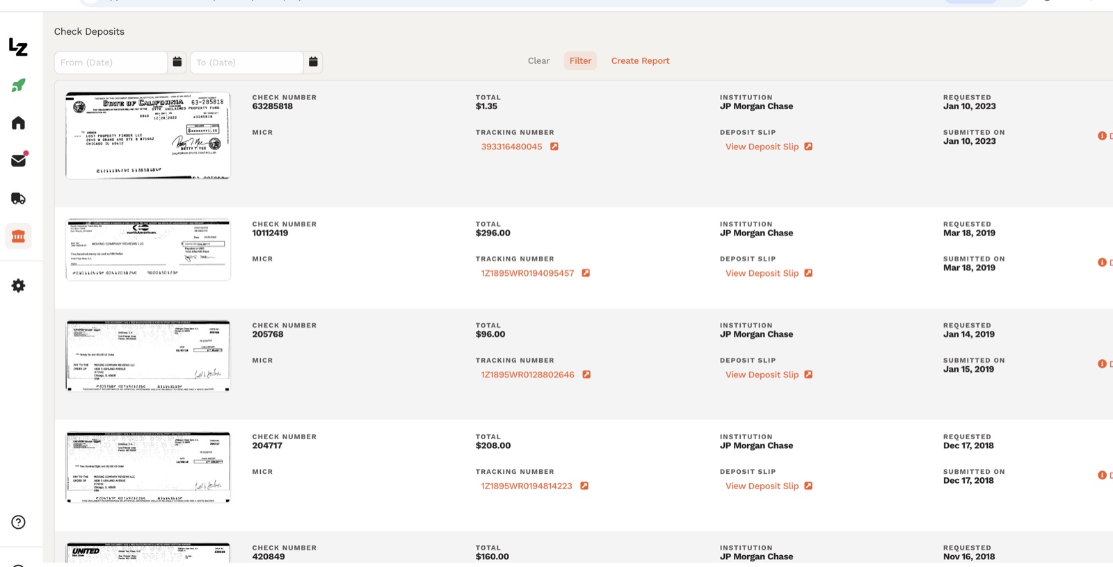 Earth Class Mail Check Deposits page showing Doug's deposit history with check images, amounts, MICR tracking numbers, and JP Morgan Chase as the depositing institution across multiple years