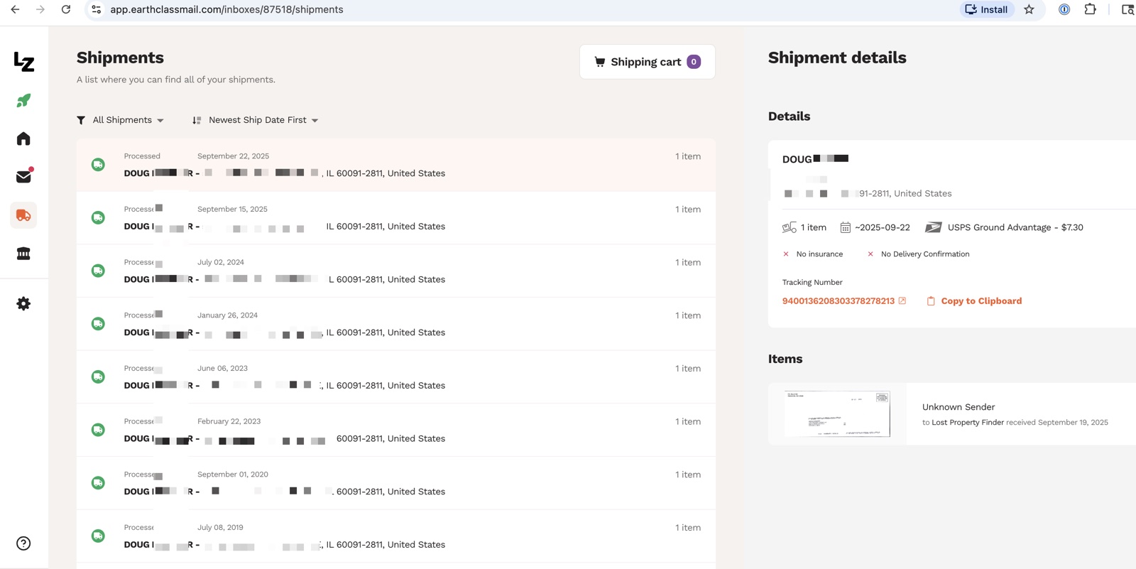 Earth Class Mail Shipments page showing forwarding history with USPS Ground Advantage at 7 dollars 30 cents per shipment, no insurance, item details and tracking numbers, history going back to 2018