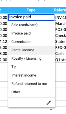 Close-up of the Type column dropdown opened in the Shoeboxed Income tab, showing all 9 income categories from Sale and Invoice paid down to Refund returned to me and Other