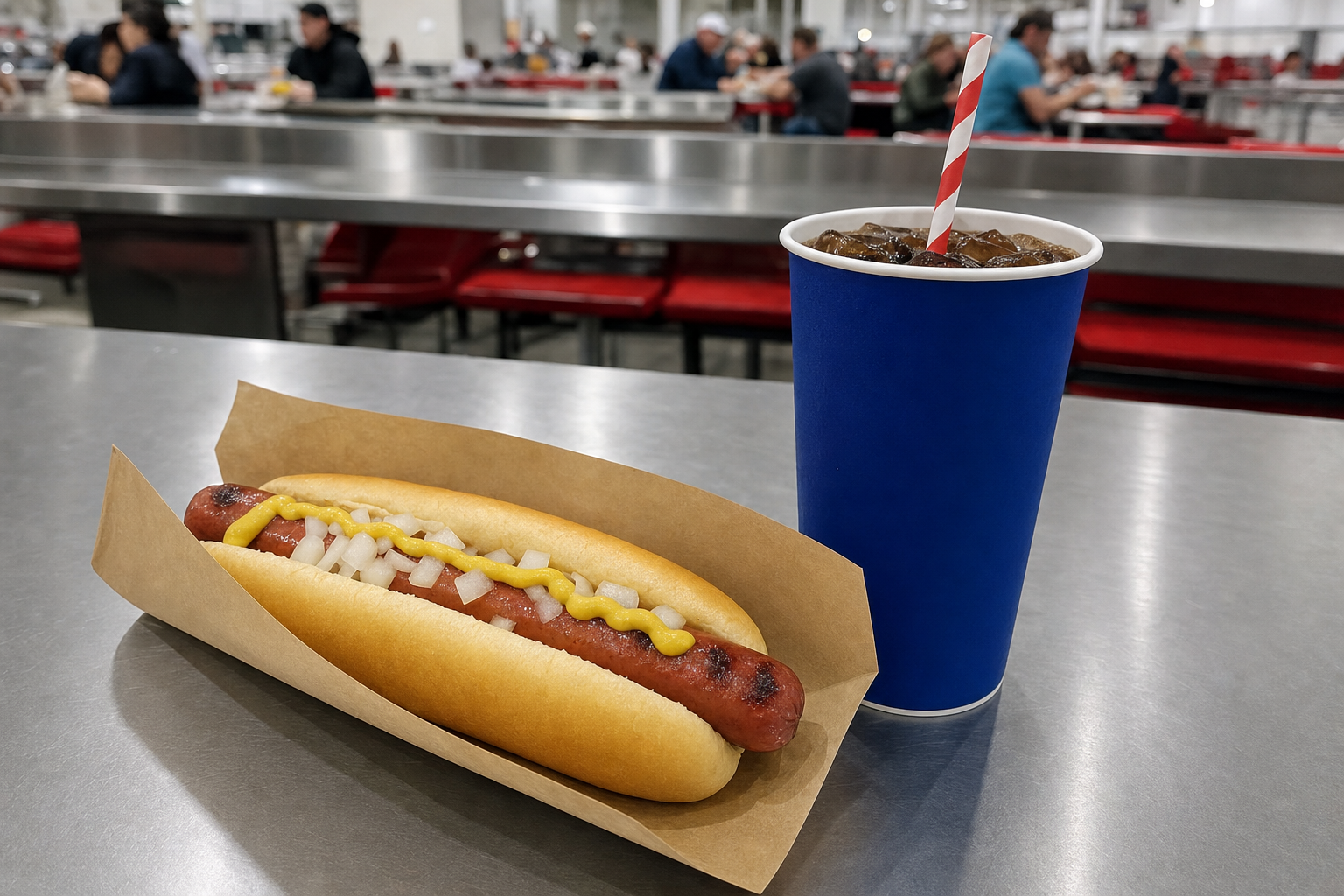 A Costco-style food-court hot dog combo: quarter-pound all-beef hot dog with mustard and onions in a brown kraft paper sleeve, next to a tall blue paper cup of cola on a stainless steel counter.