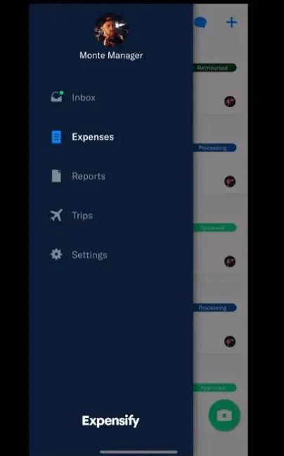 Expensify mobile app menu, by Expensify