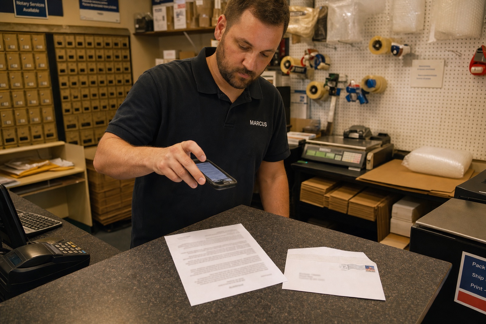 A mail-store clerk holds a smartphone above an opened letter laying flat on the counter, photographing the contents with the phone camera.