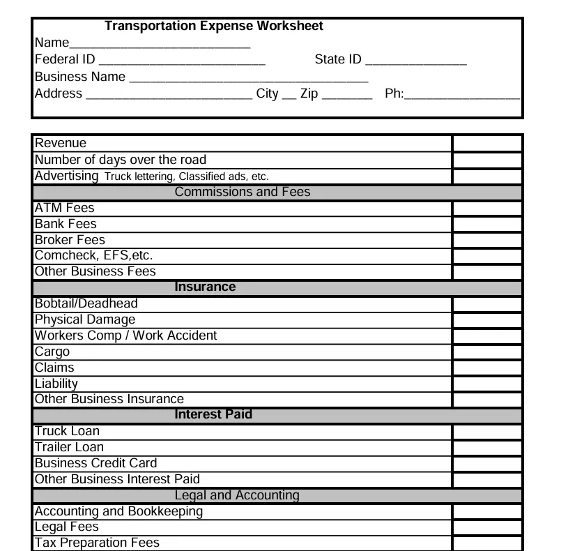 Transportation expense worksheet