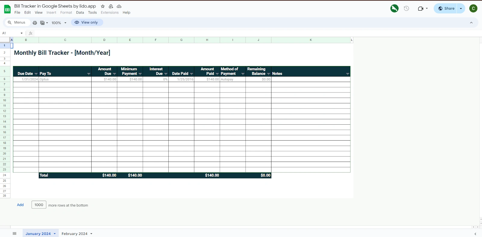 Google Sheets Bill Tracker by lido.app