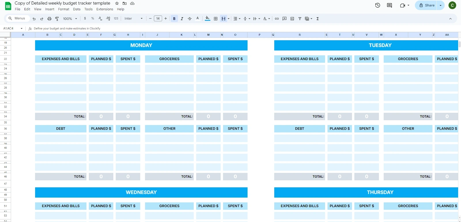 Detailed Weekly Budget Template by Clockify