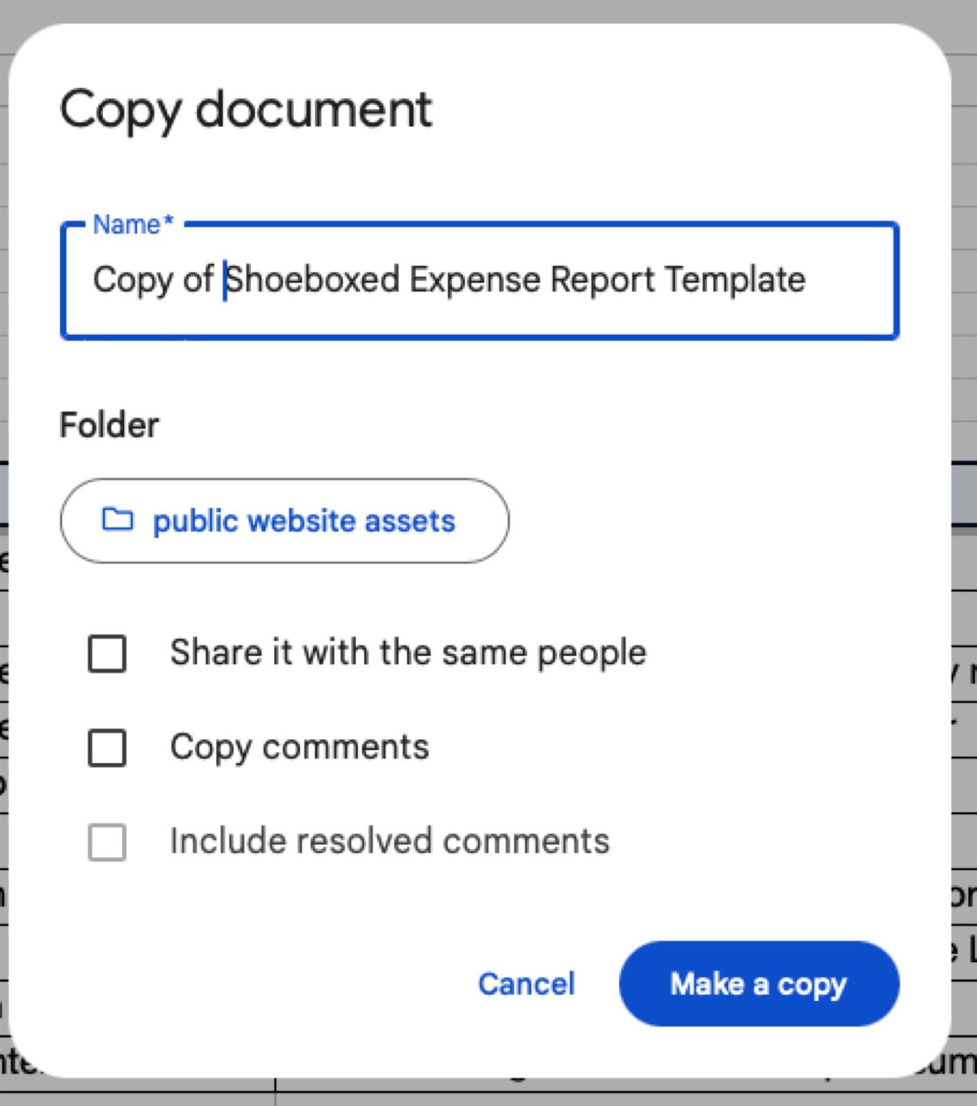 Google Sheets Copy document modal showing Copy of Shoeboxed Income and Expense Worksheet ready to save into the user's Drive