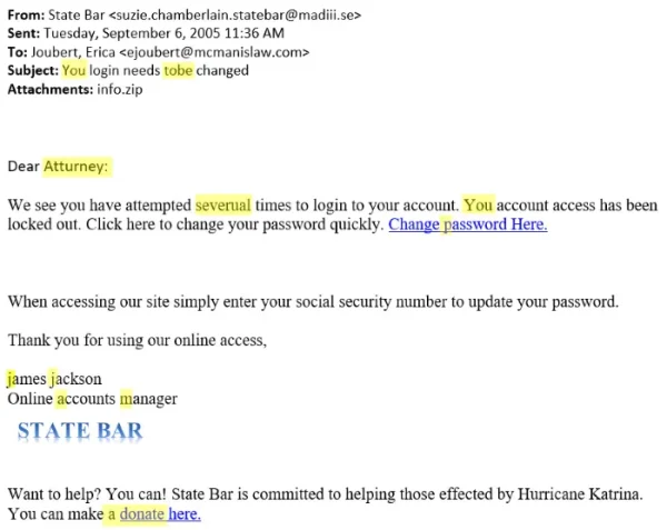 Example of a fake login email with a misspelling, McManisLaw