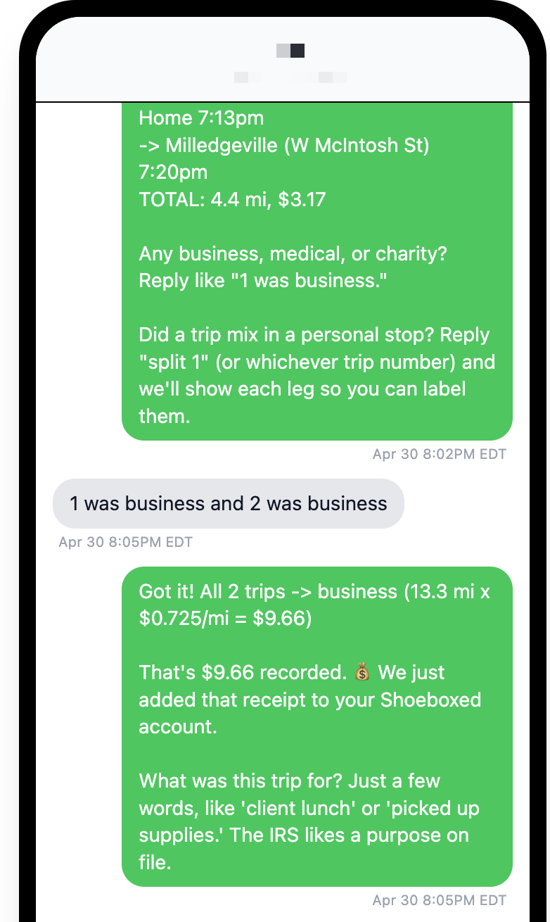 An SMS exchange showing the Shoeboxed daily trip summary, the user replying with classification, and Shoeboxed confirming the deduction was logged.