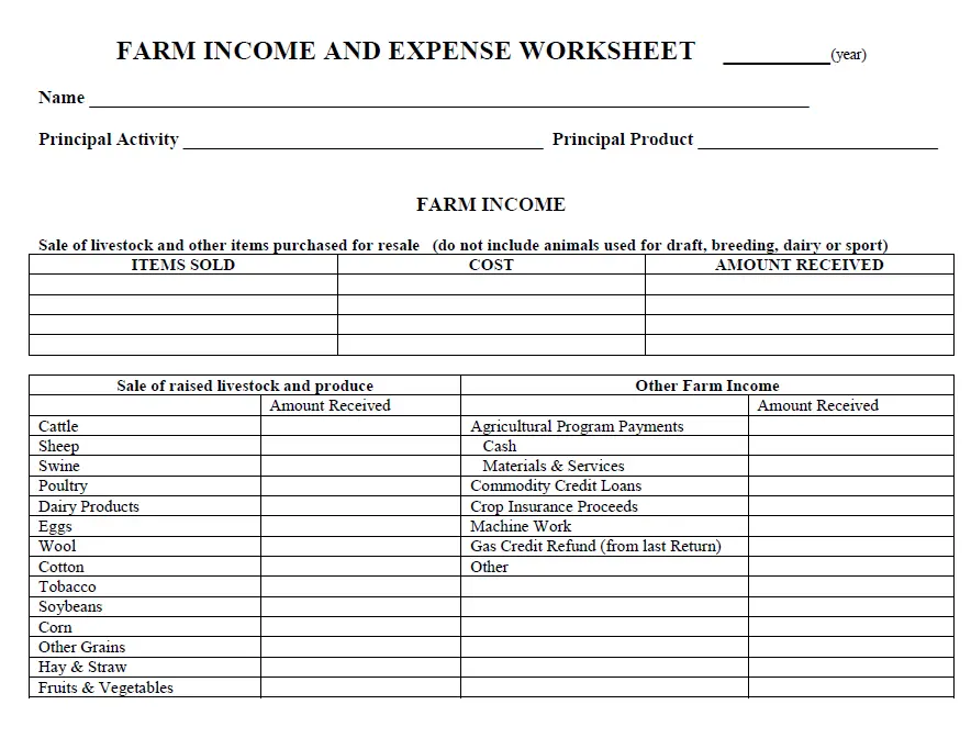 Farm income and expense worksheet