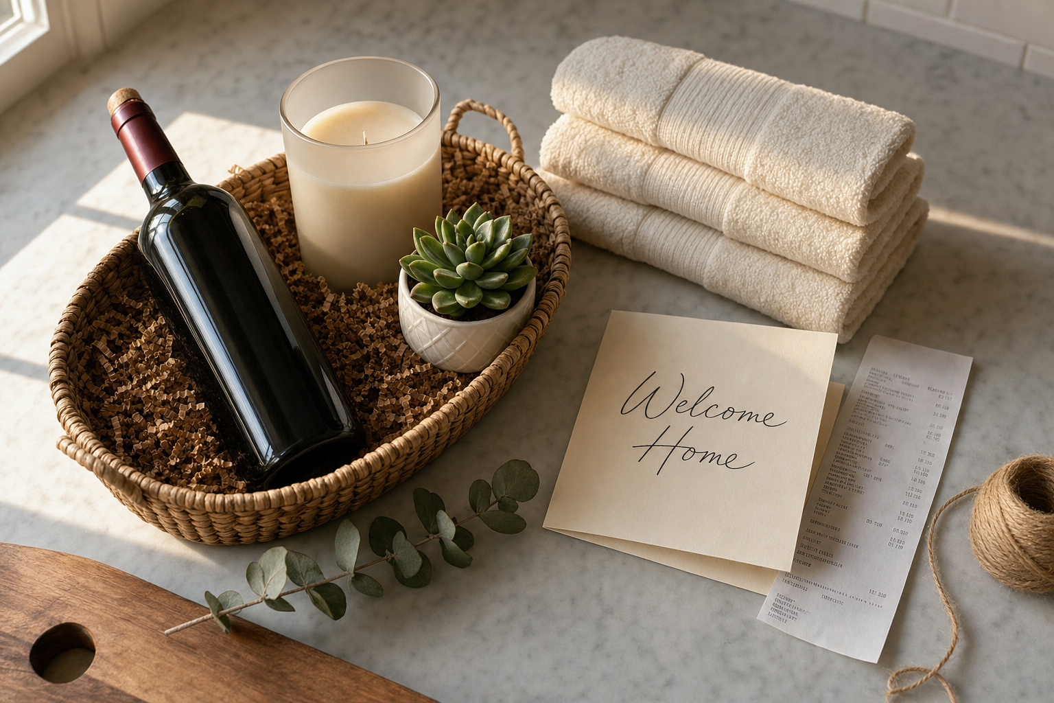 A flat-lay on a light marble kitchen counter of a realtor's closing-gift basket: a bottle of wine, a tall pillar candle in a frosted glass jar, a stack of three folded ivory hand towels, a small succulent in a white ceramic pot, a handwritten cream gift card envelope reading Welcome Home, and a long Target paper receipt, with a sprig of eucalyptus and natural twine alongside.
