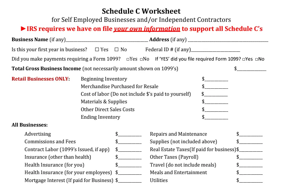 Schedule C Worksheet by Kristel's Tax & Accounting