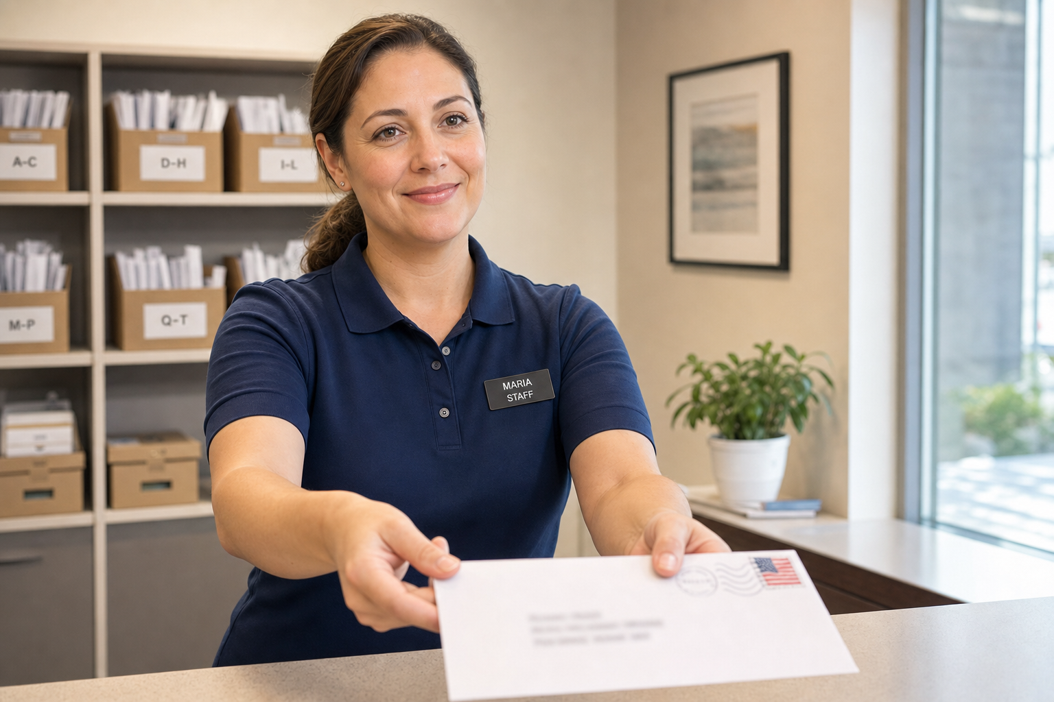 A PhysicalAddress.com employee hands a mail envelope across the front desk to a customer who came in to pick it up at one of the company's corporate facilities