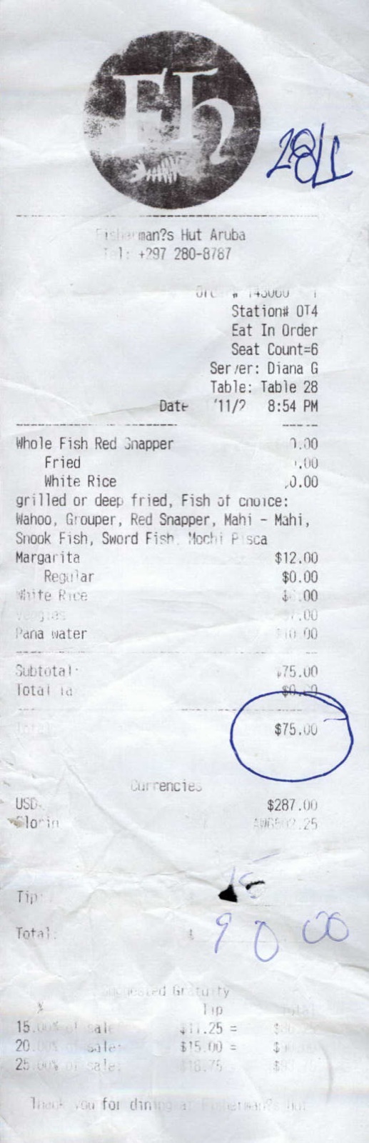 A crumpled, faded restaurant receipt from 2011 that was mailed in and scanned years later, with the vendor, date, and total still readable.