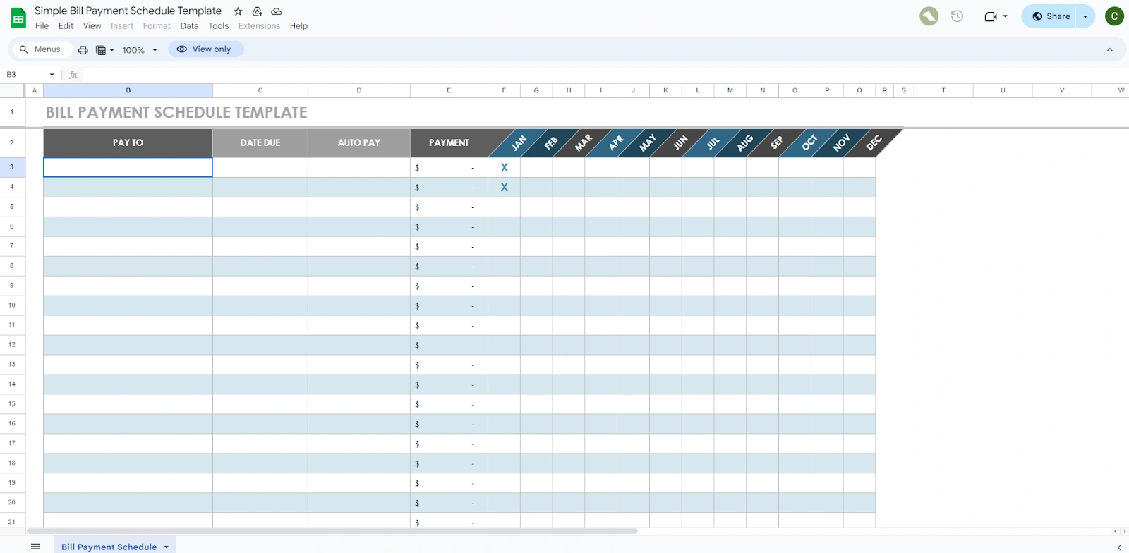 Google Sheets Simple Bill Payment Schedule Template