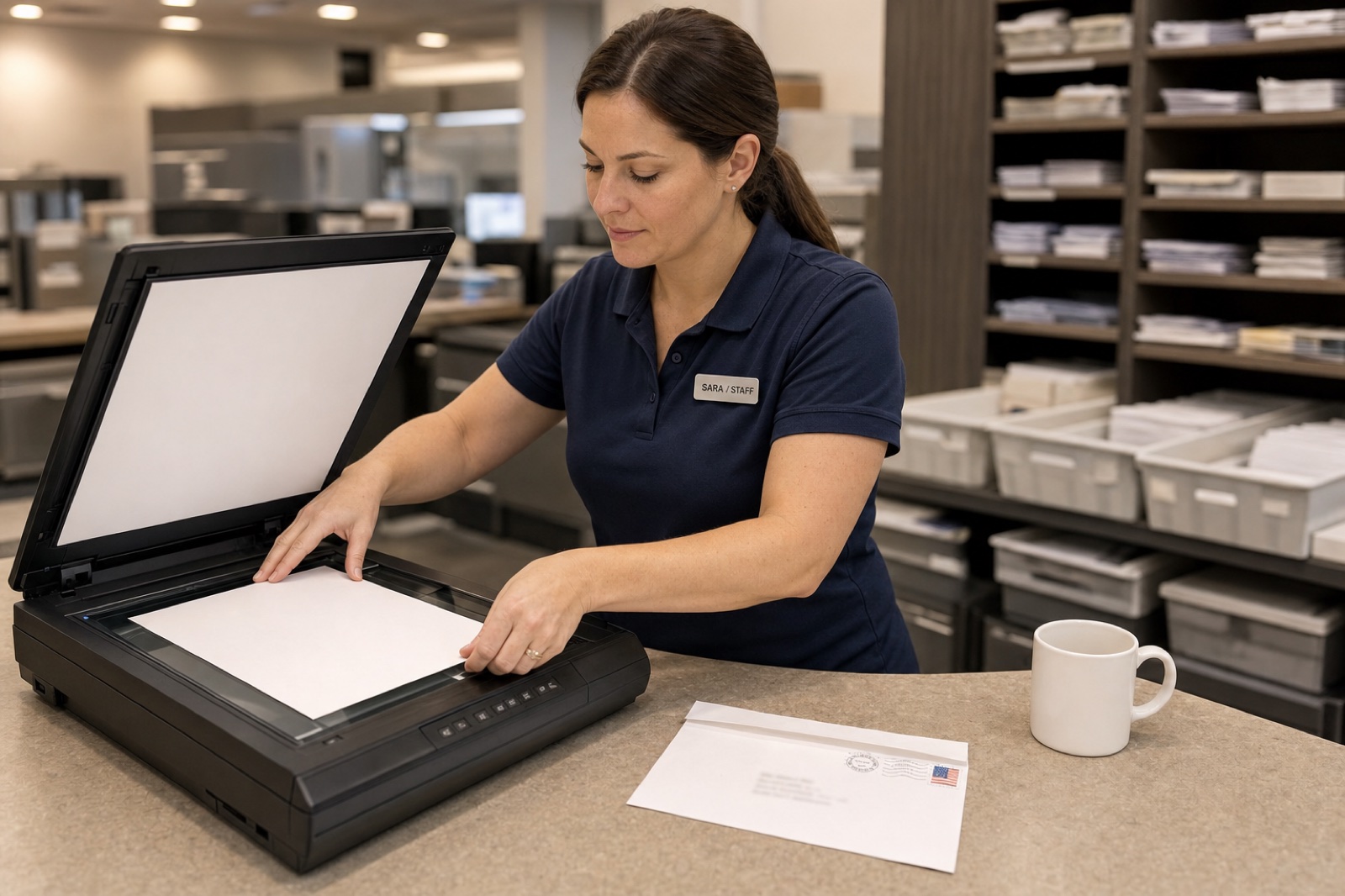 A mail-scanning facility employee aligns a letter on a dedicated flatbed scanner at a company-operated hub.